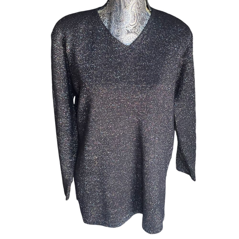 Karen Scott Sparkly V-Neck‎ Sweater Multicolor Metallic Threading Vintage MED